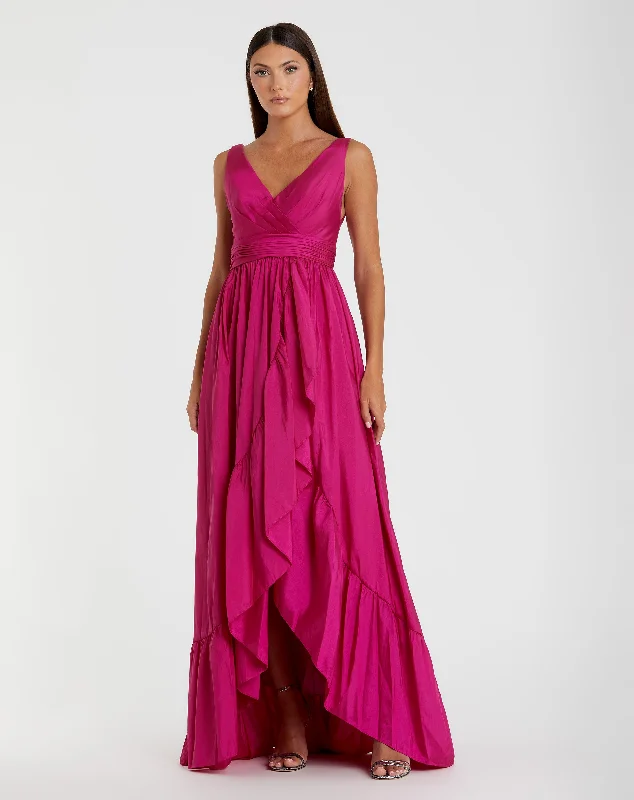 Pink Taffeta High Low Ruffle Gown