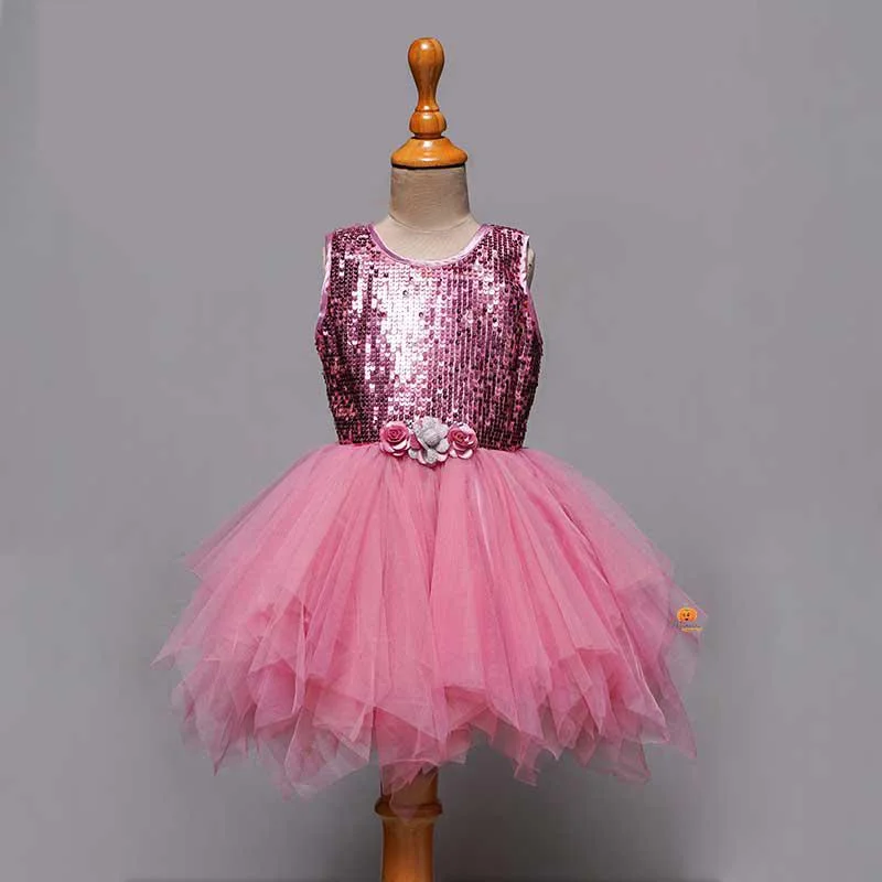 Sequin Net Pink Girls Frock with Flare