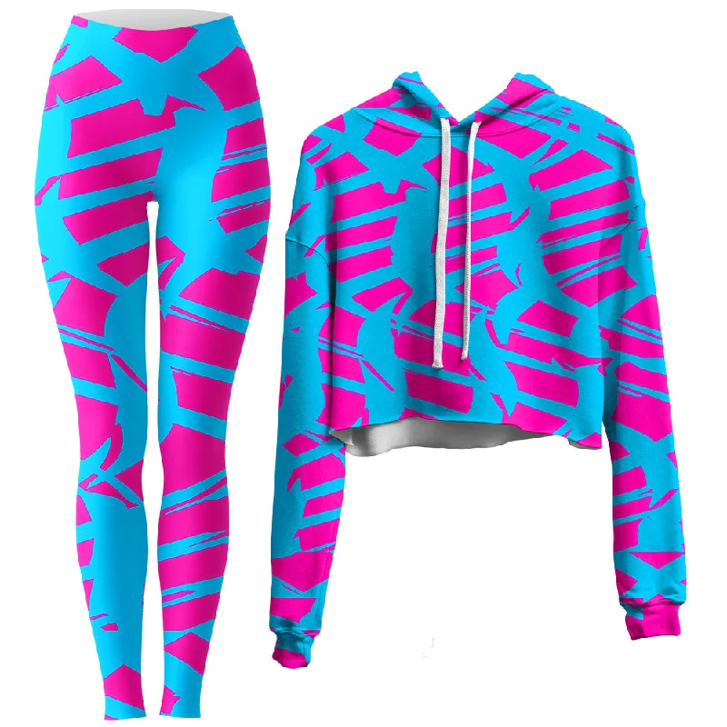 Pink and Blue Squiggly Rave Checkered Crop Hoodie and Leggings Combo