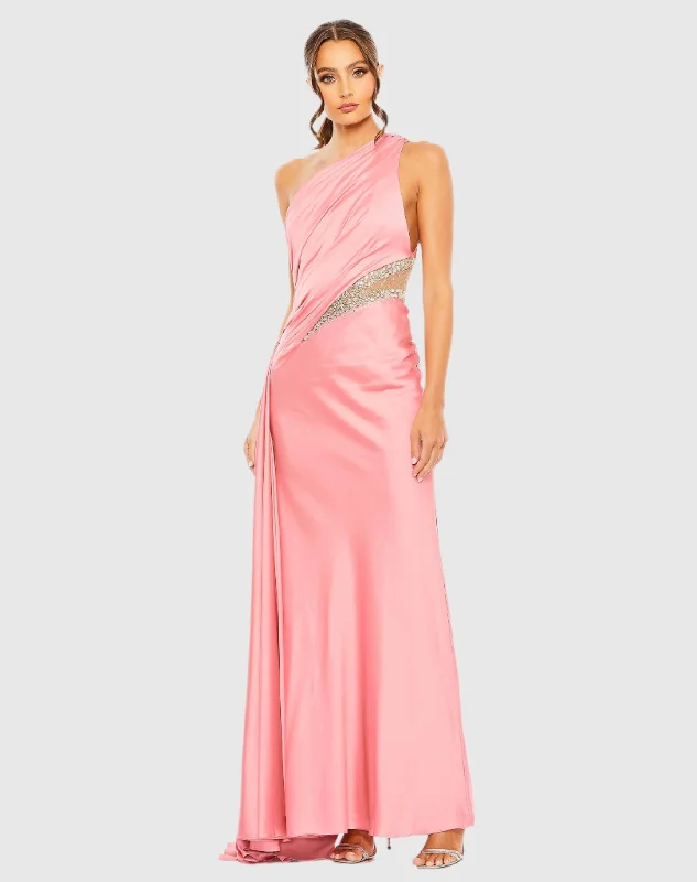 Pink One Shoulder Embellished Satin Gown