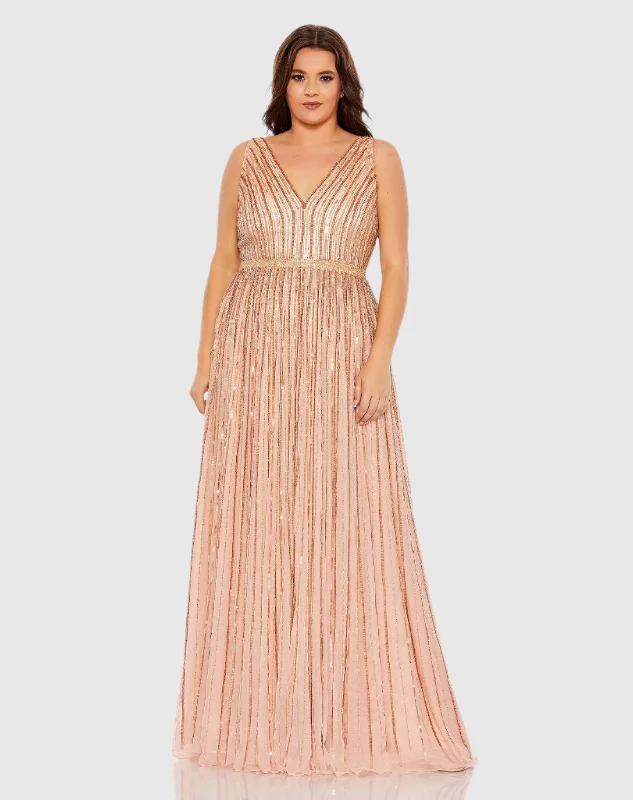 Pink Sequined Striped Sleeveless V Neck A Line Gown (Plus)