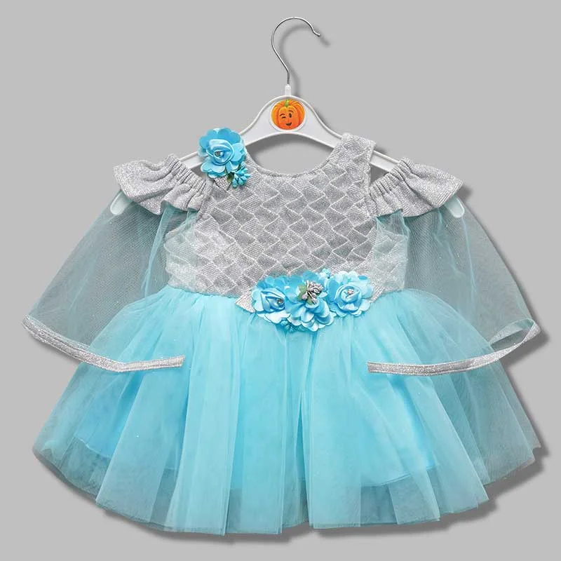 Blue-Grey Frock for Girls with Cape Sleeves