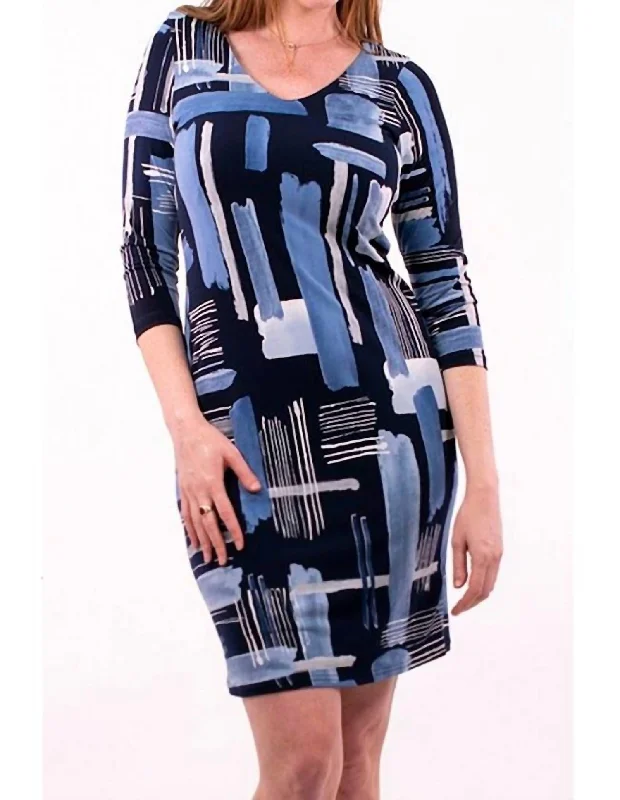 Abstract Painted V-Neck Dress In Blue Multi