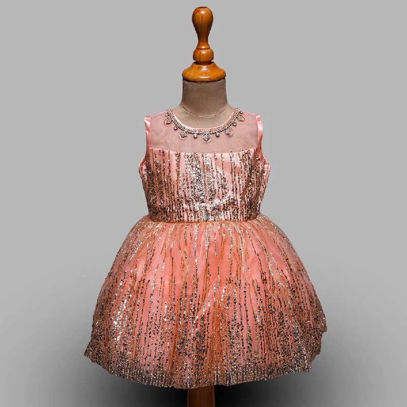 Peach Sequin Kids Frock with Designer Neckline