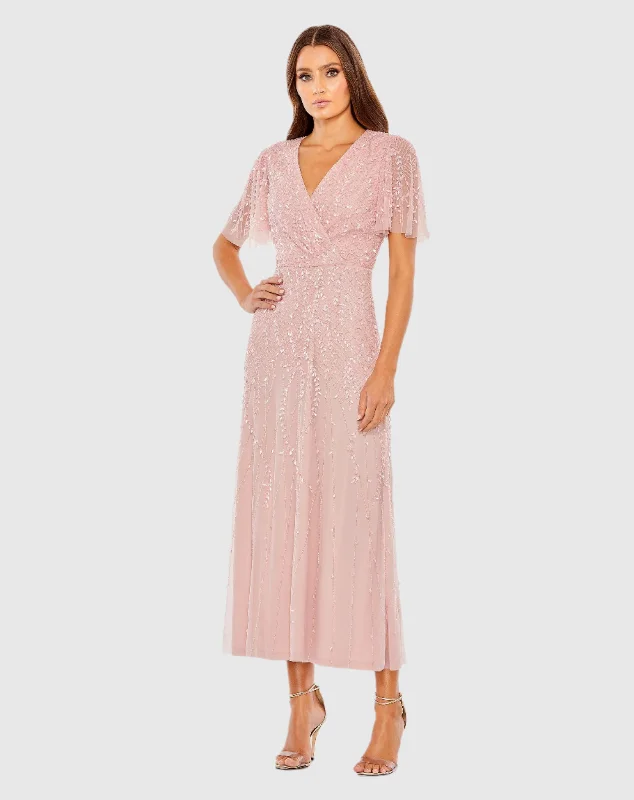 Pink Beaded Wrap Over Butterfly Sleeve Column Dress