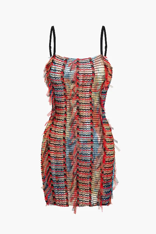 Striped Textured Spaghetti Strap Mini Dress