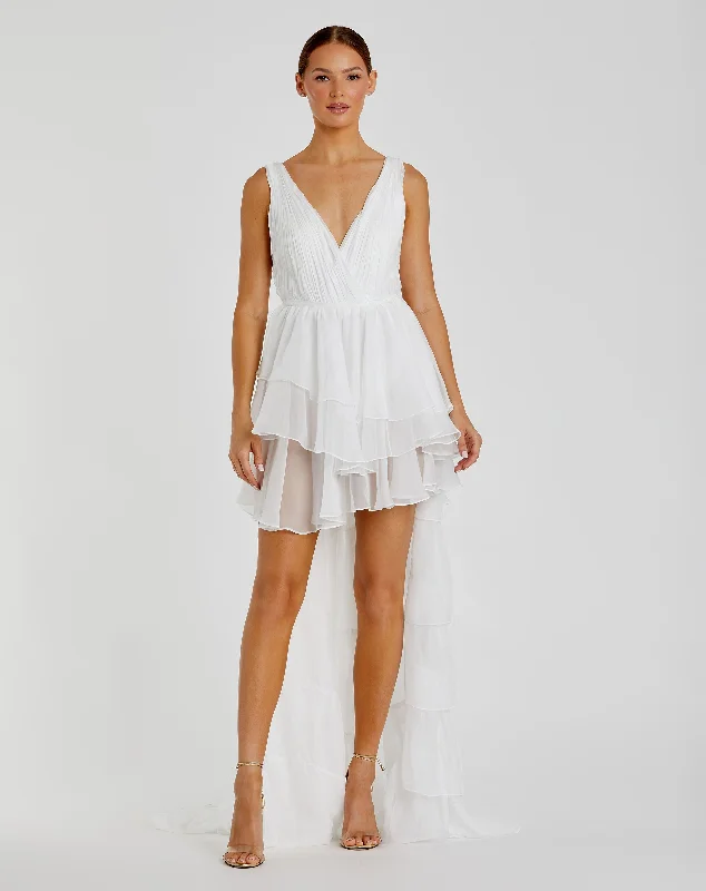 White High Low Tiered Gown with Built In Bodysuit