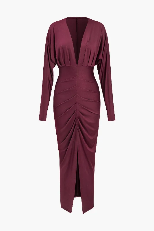 Ruched Long Sleeve V-Neck Maxi Dress