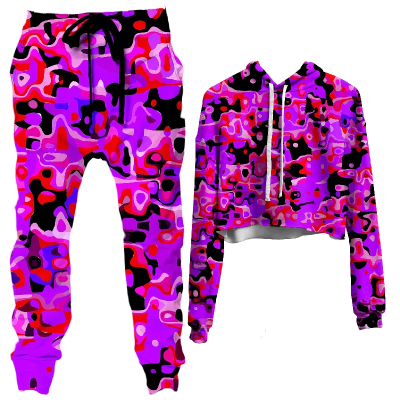 Purple Red and Black Rave Camo Melt Crop Hoodie and Joggers Combo