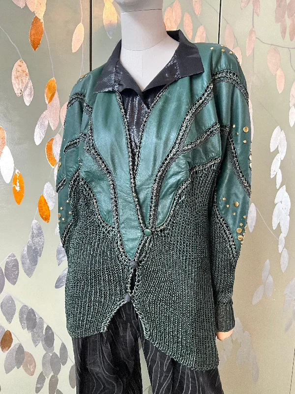 Vintage 1980s Norma Green Leather and Knit Jacket with Gold Studs, Medium