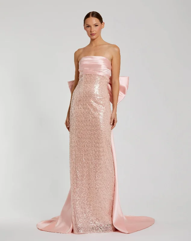 Pink Strapless Embellished Gown With Back Bow Detail