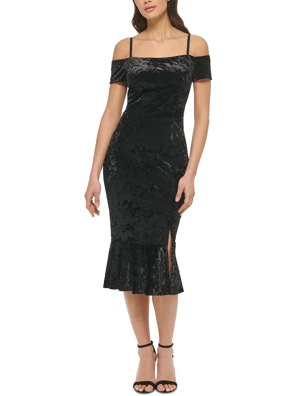 Womens Velveteen Midi Cocktail and Party Dress