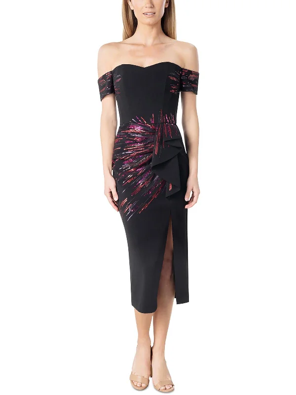 Alani Womens Ruffled Midi Cocktail and Party Dress