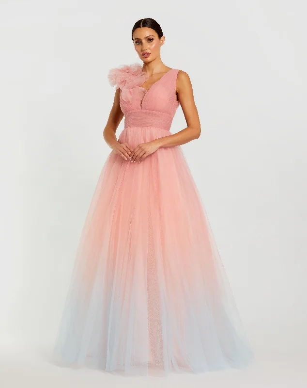 Ruffle Shoulder V Neck Ombre Tulle Ballgown