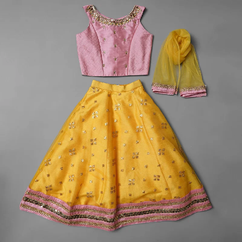 Pink-Yellow Kid Girls Lehenga Choli