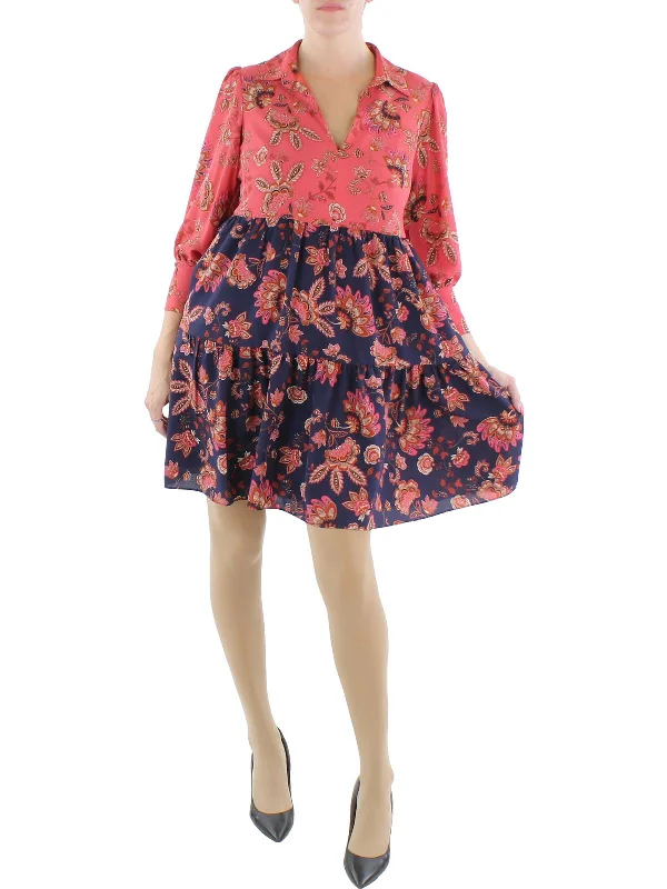 Womens Floral Split Neck Shift Dress