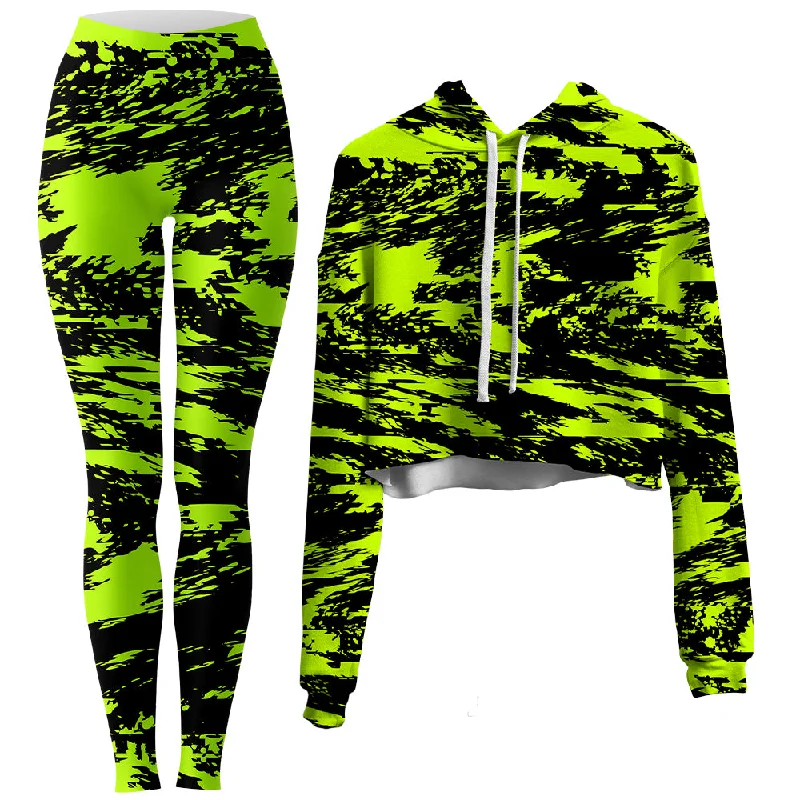 Black Lime Bolt Glitch Crop Hoodie and Leggings Combo