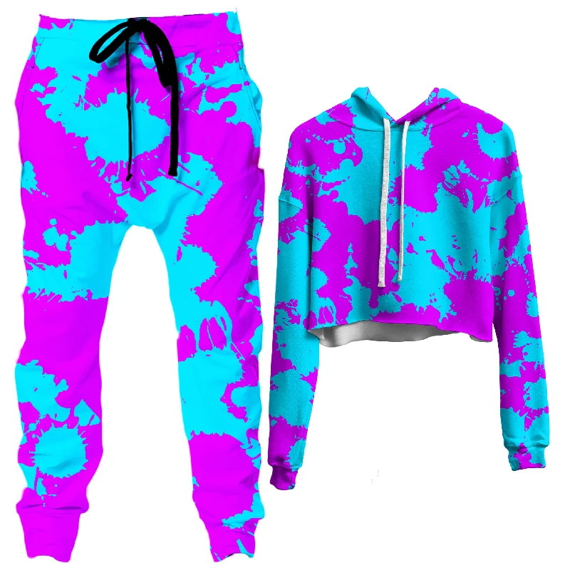 Blue and Purple Paint Splatter Crop Hoodie and Joggers Combo