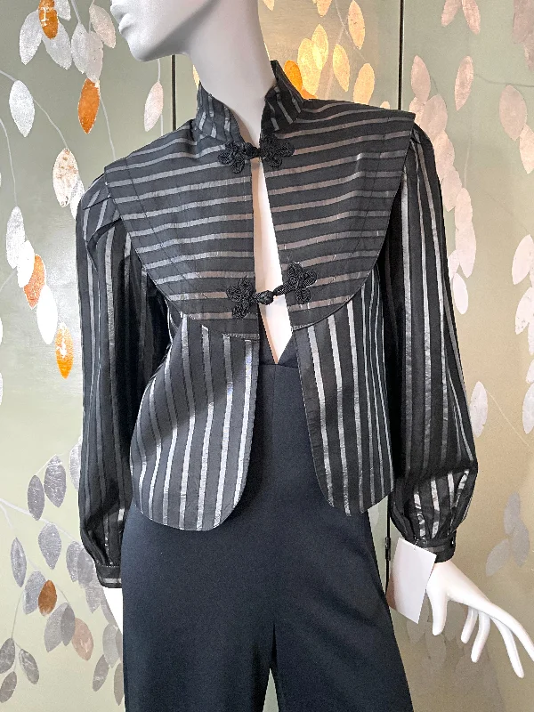 Vintage 1980s Black and Silver Stripe Puff Sleeve Taffeta Jacket, Medium