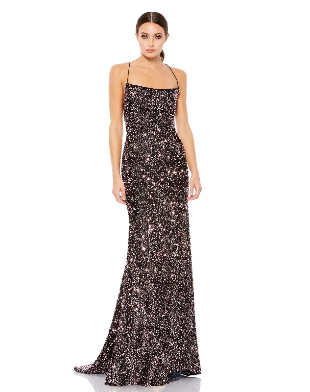 Sequined Lace Up Trumpet Gown