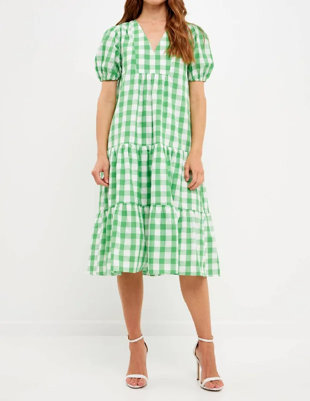 Gingham Midi Dress In Green