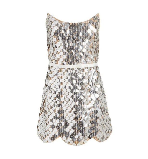 Vivienne Silver Paillette Mini Dress with Scalloped Hem and Detachable Bow Belt