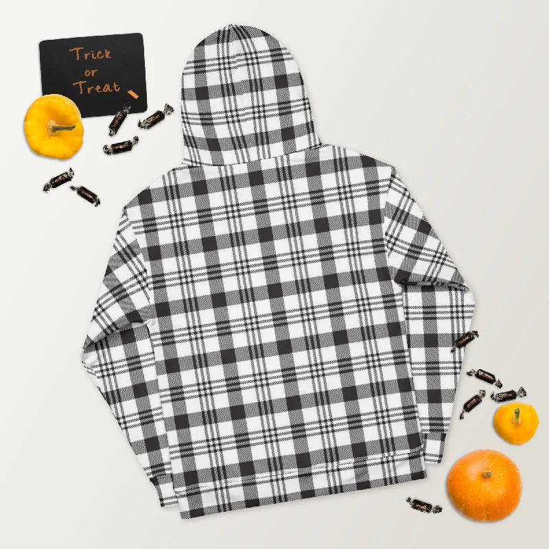 White Black Plaid Printed Hoodie, Plaid Print Unisex Soft Fleece Designer Hoodie- Made in USA/MX/EU