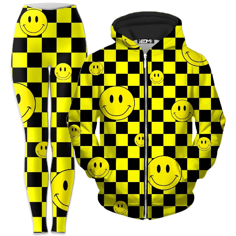 Smile Checkerboard Zip-Up Hoodie and Leggings Combo