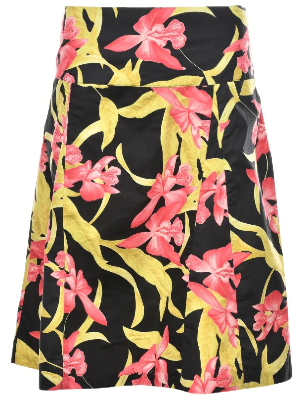 Floral Pattern Flared Skirt - L