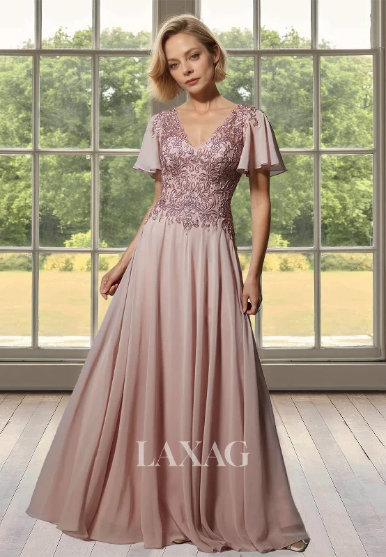 Short-Sleeves V-Neck Floor-Length Cocktail Gowns Beaded Applique Chiffon A-Line Mother of the Bride Dress