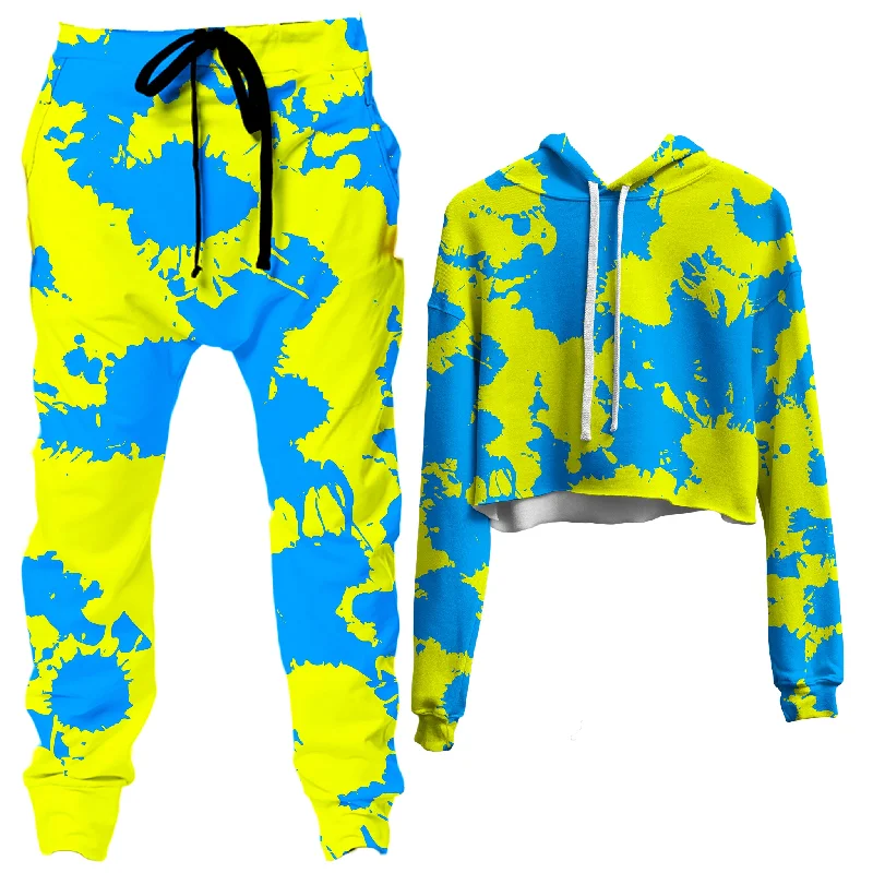 Yellow and Blue Paint Splatter Crop Hoodie and Joggers Combo