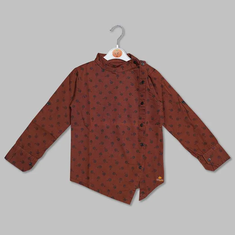 Brown Asymmetry Shirt for Boys with Side Button