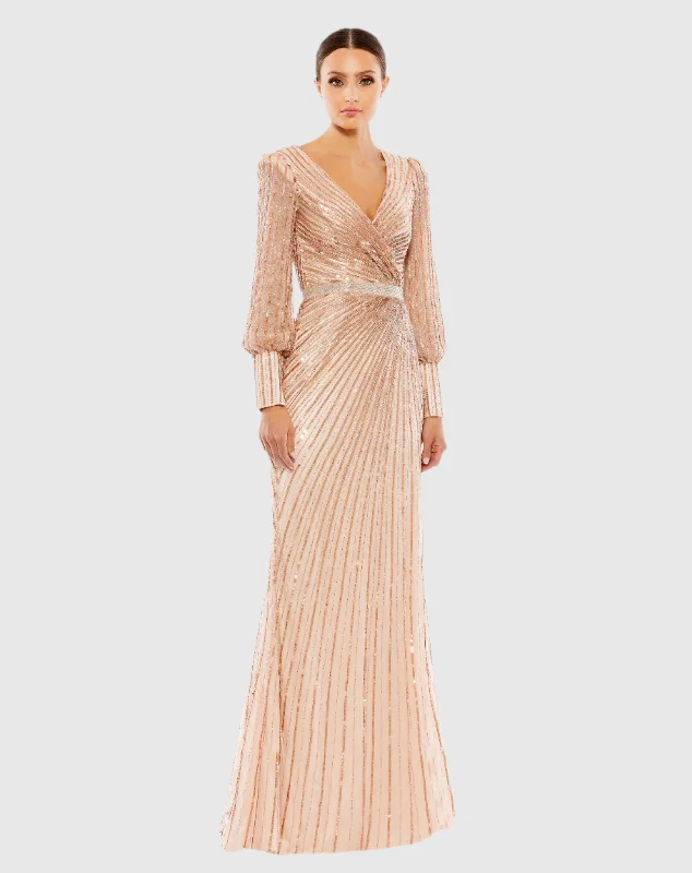 Pink Sequined Wrap Over Bishop Sleeve Gown