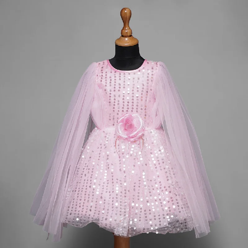 Baby Pink Sequin Frock for Girls with Cape Sleeves