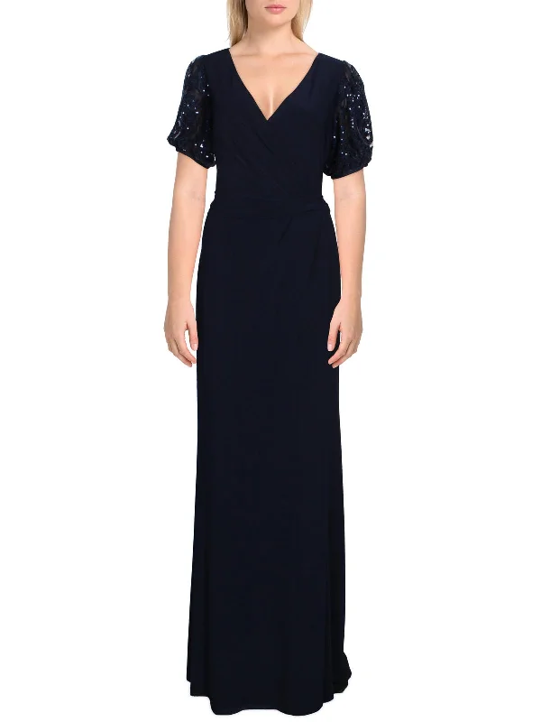 Womens Sequined Puff Sleeves Evening Dress