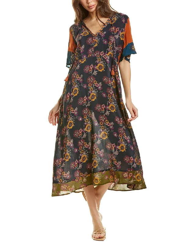 Johnny Was Flutter Sleeve Silk Maxi Dress