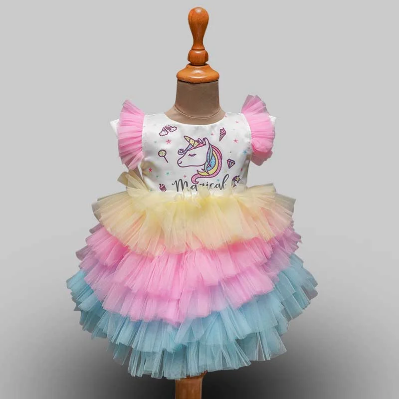 Unicorn Frock for Girls with Layered Pattern