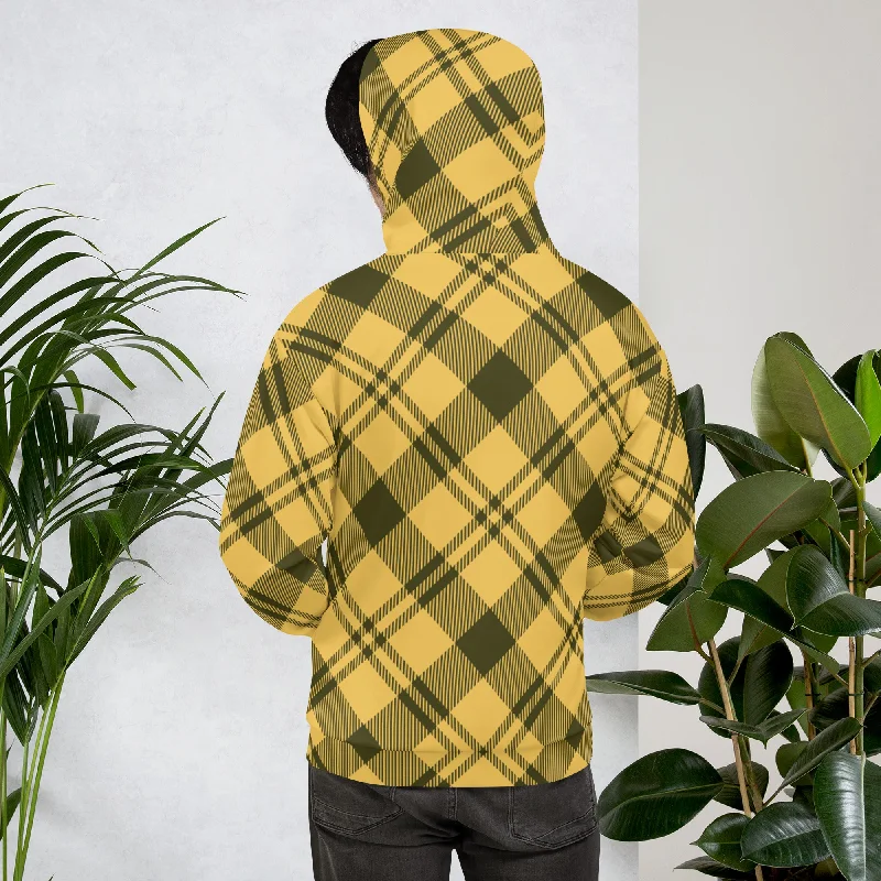 Yellow Black Plaid Printed Hoodie, Plaid Print Unisex Soft Fleece Designer Hoodie- Made in USA/MX/EU