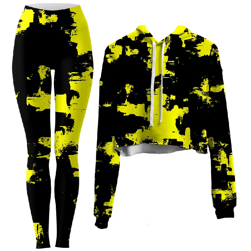 Black and Yellow Abstract Crop Hoodie and Leggings Combo