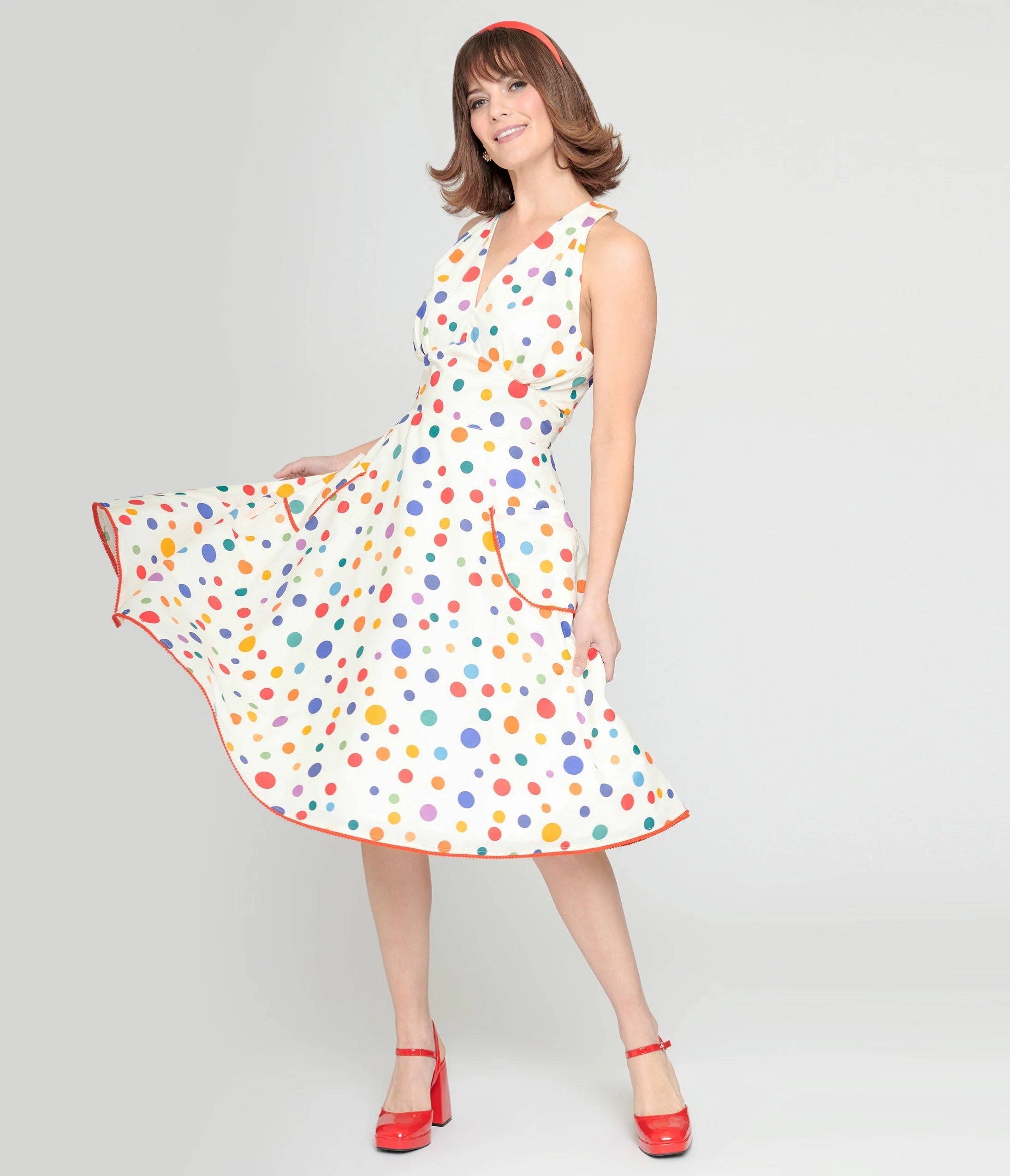 Rainbow Polka Dot Cotton Halter Swing Dress