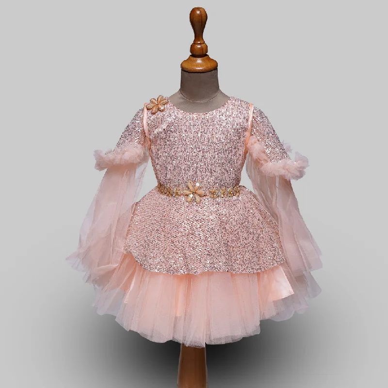 Sequin Peach Party Wear Baby Girls Frock