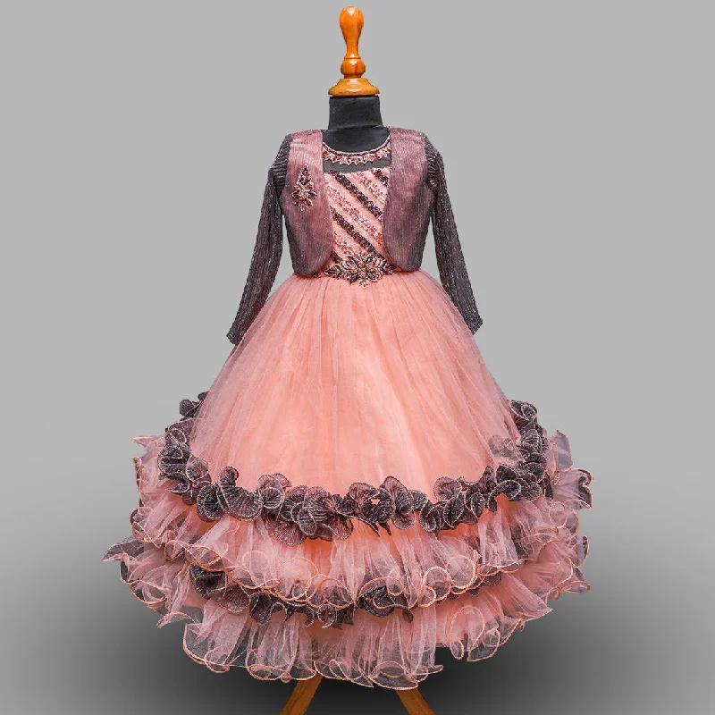 Peach Net Gown for Girls with Jacket