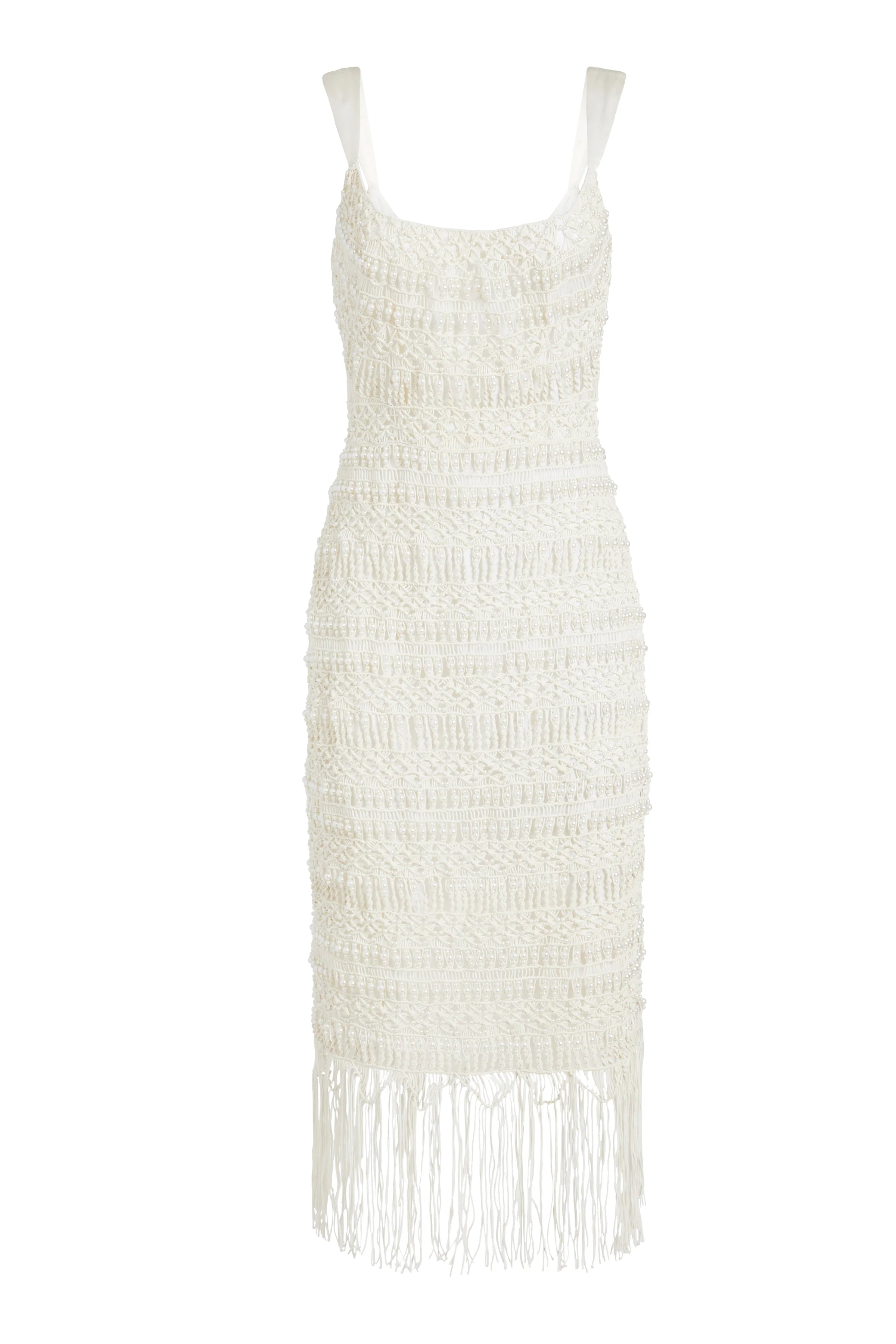 Virginie Ivory Handbeaded Macrame Corset Dress with Fringe Hem