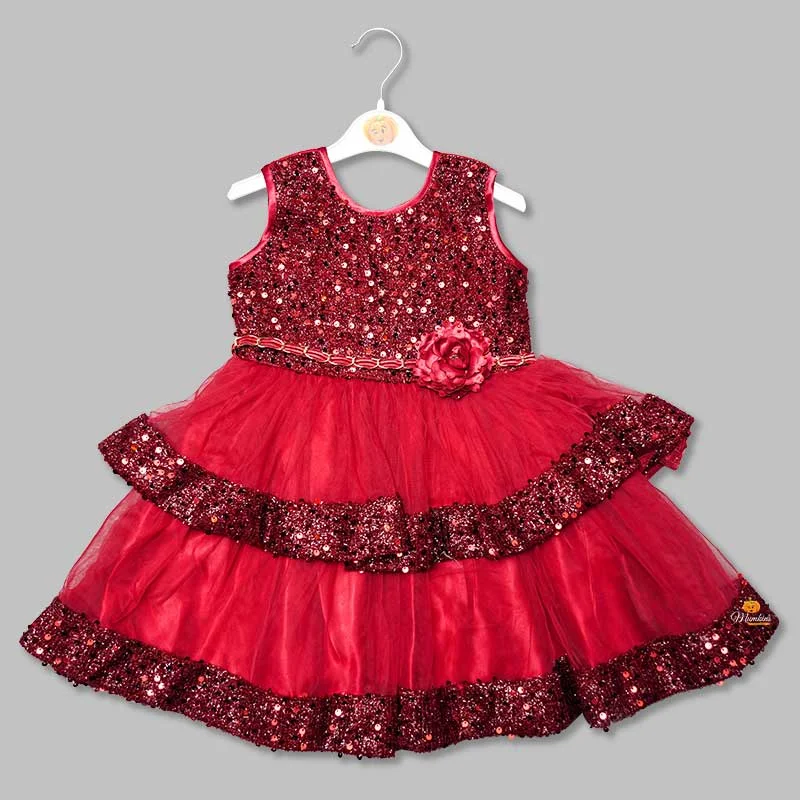 Red Net Frock for Girls with Sequins Work