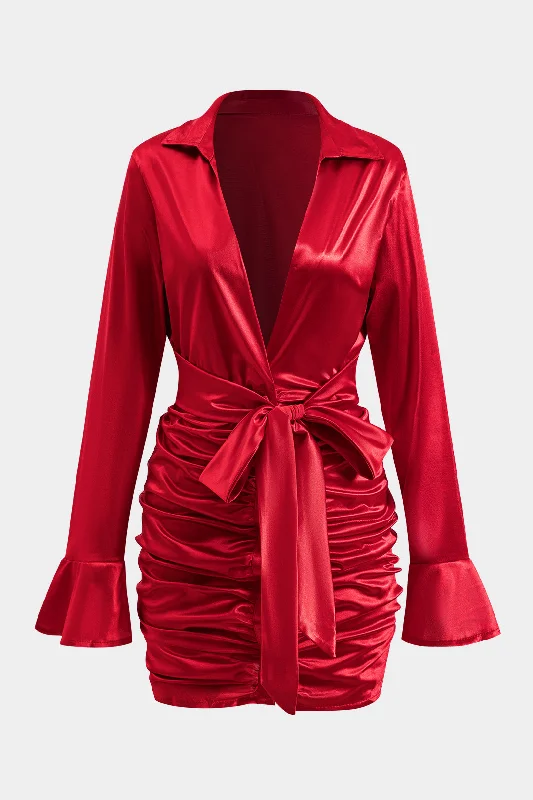 Satin Tie-Up Ruched Long Sleeve Mini Dress