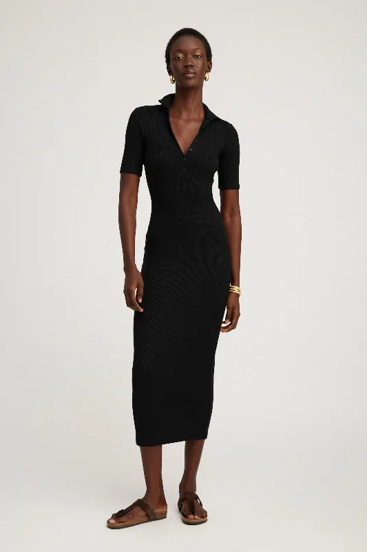 Black Rib Polo Maxi Dress