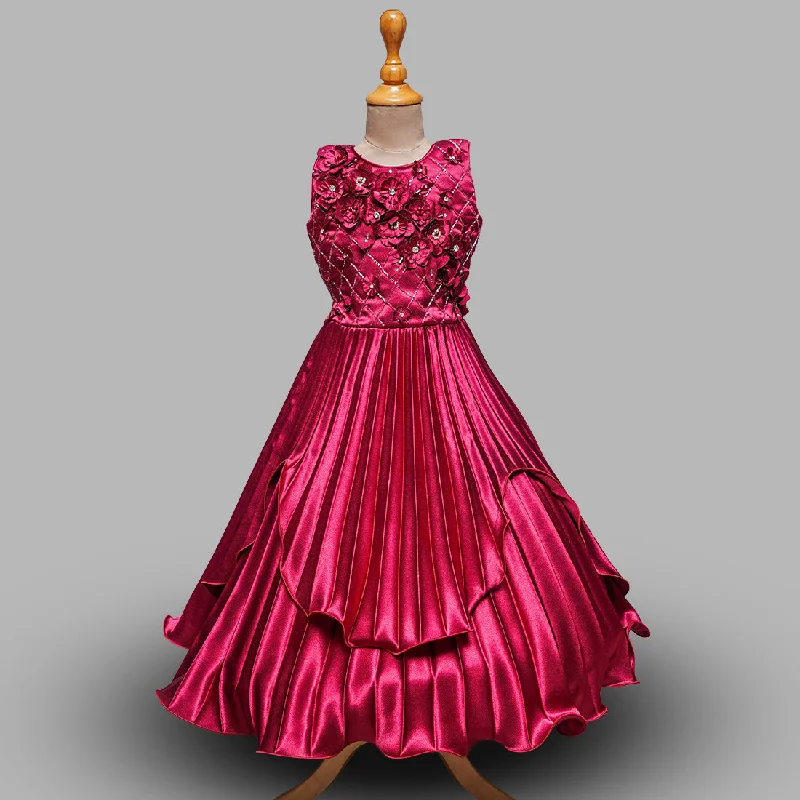 Maroon & Wine Floral Embossed Girls Gown