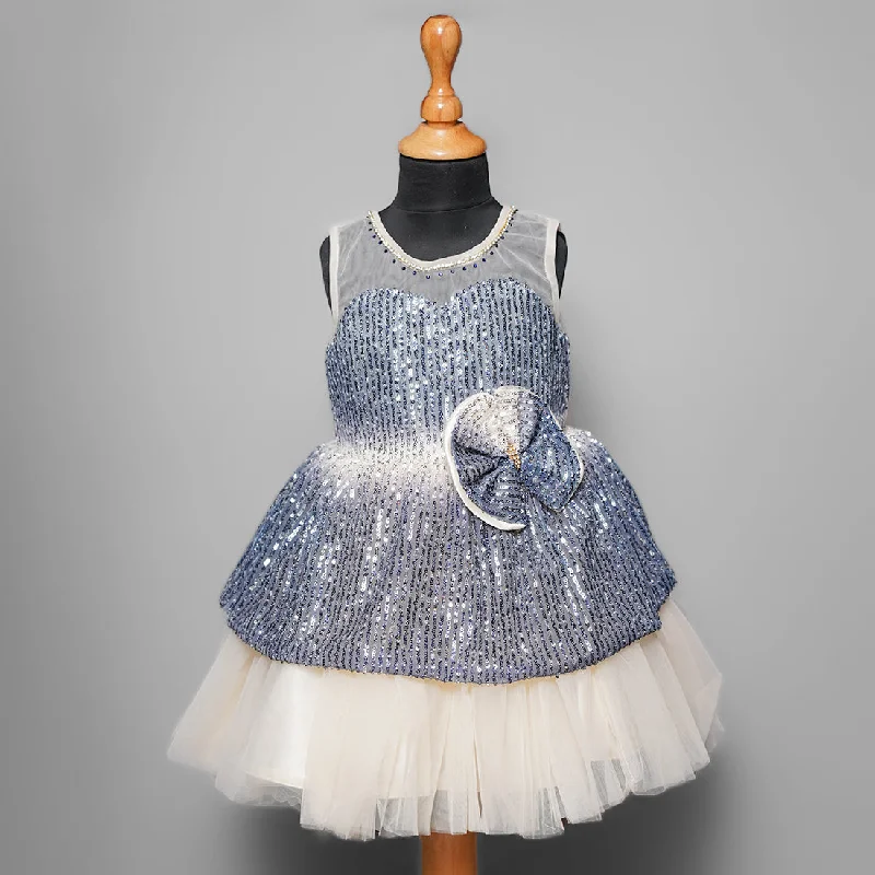 White and Grey Sequin Frock for Girls in Layer