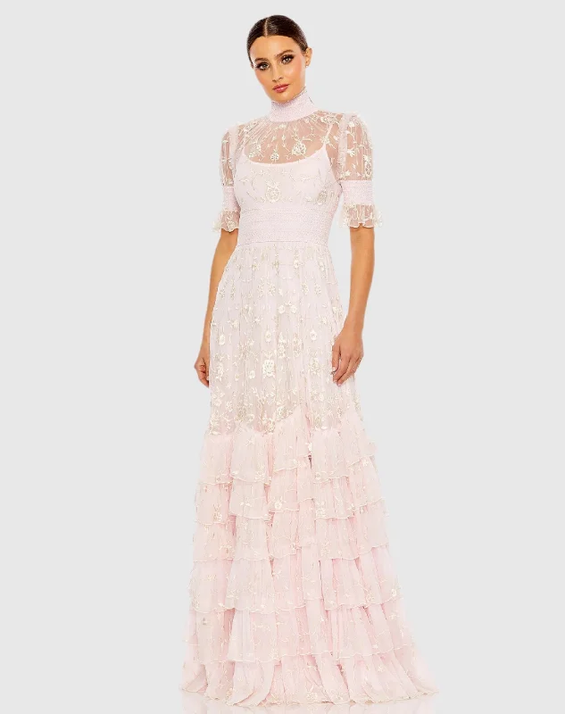 Pink Embroidered Floral Tiered Smock Neck Gown