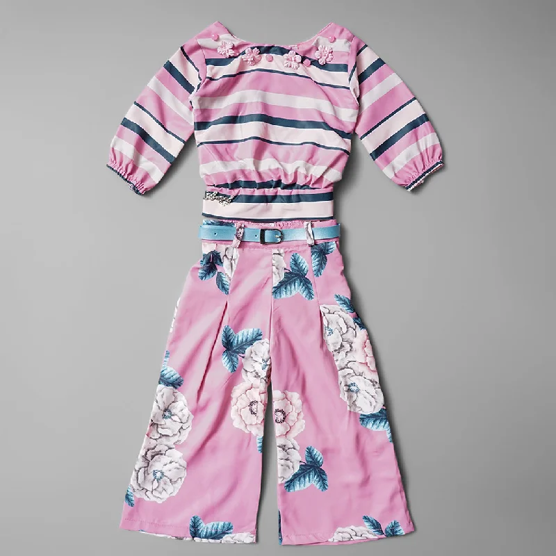 Sassy Strip & Flora Printed Full Sleeve Plazo Set